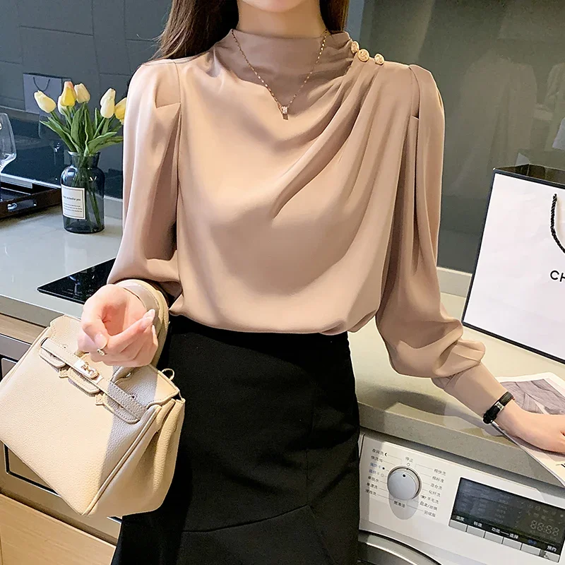 Blusas Mujer De Moda 2024 Stand Collar Blouse Women Long Sleeve Chiffon Blouse Shirt Women Tops Women Blouses Shirts Blusa G364