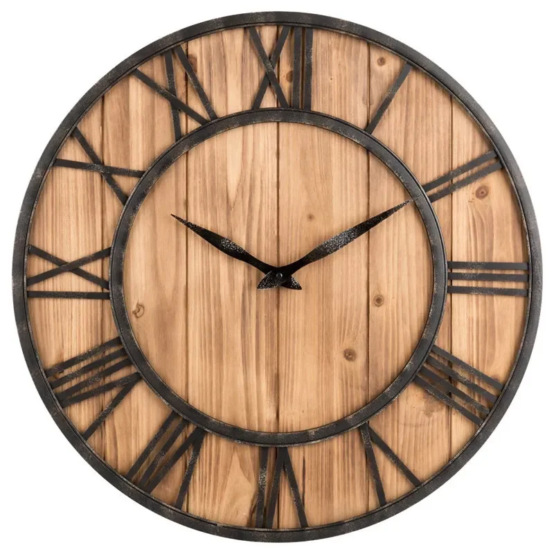 for American Solid Wood Round Fir Wrought Iron Wall Clock Silent Home Living Room Wall Hanging Decor Manufacturer Wholesale