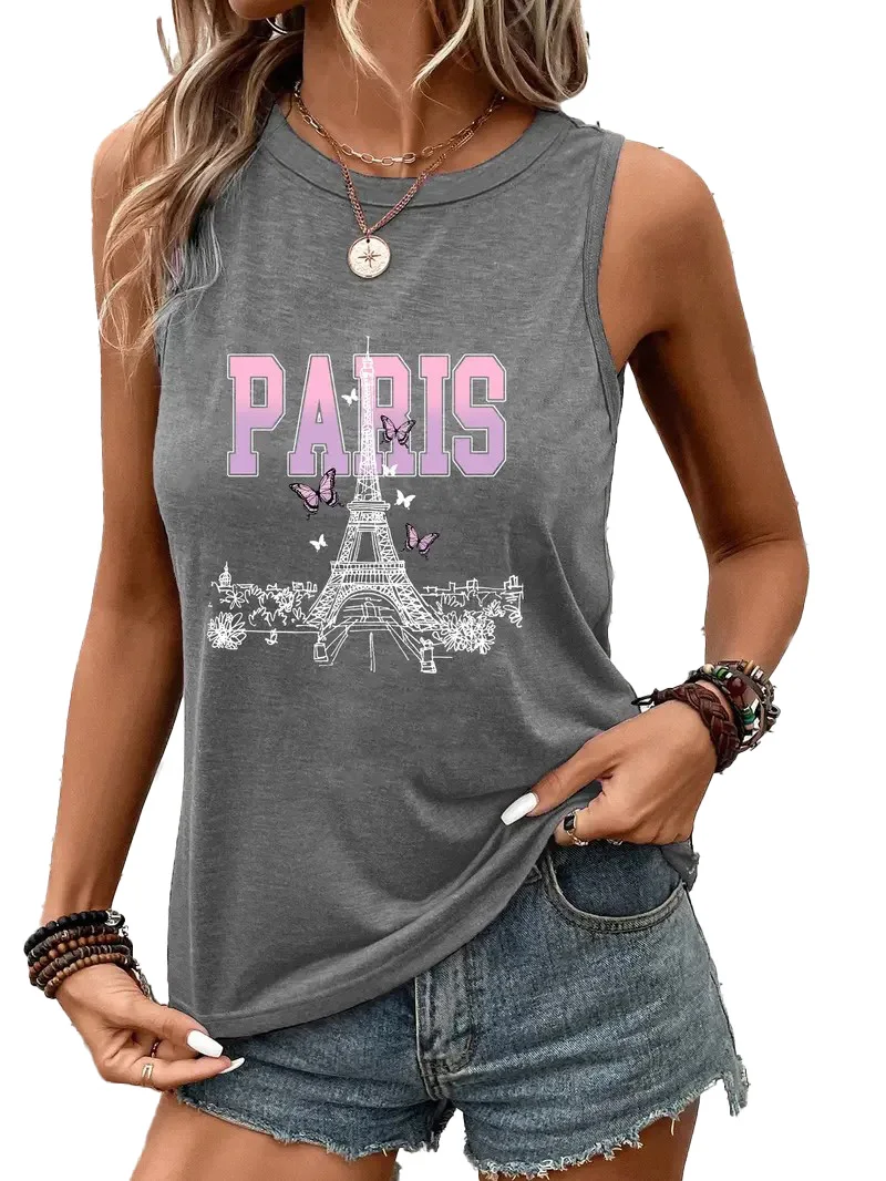 Fashion ladies Paris printed vest, summer and spring sleeveless casual top a variety of printed, casual women's wear