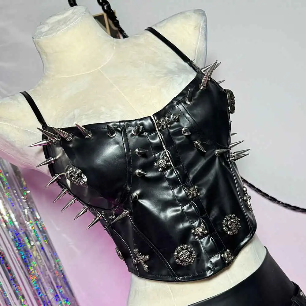 

Vintage Y2K Vegan Leather TOPS E-Girls DIY Eco Gothic Punk Rock Studded Harajuku Goth Kawaii Grunge Emo Skull Hand Made