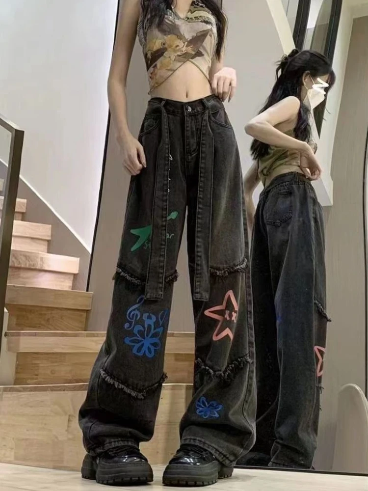 

Star Print Straight Pants High Waist Patchwork Raw edge Design Aesthetics Jeans Y2k Harajuku Vintage Streetwear Women's Clothing