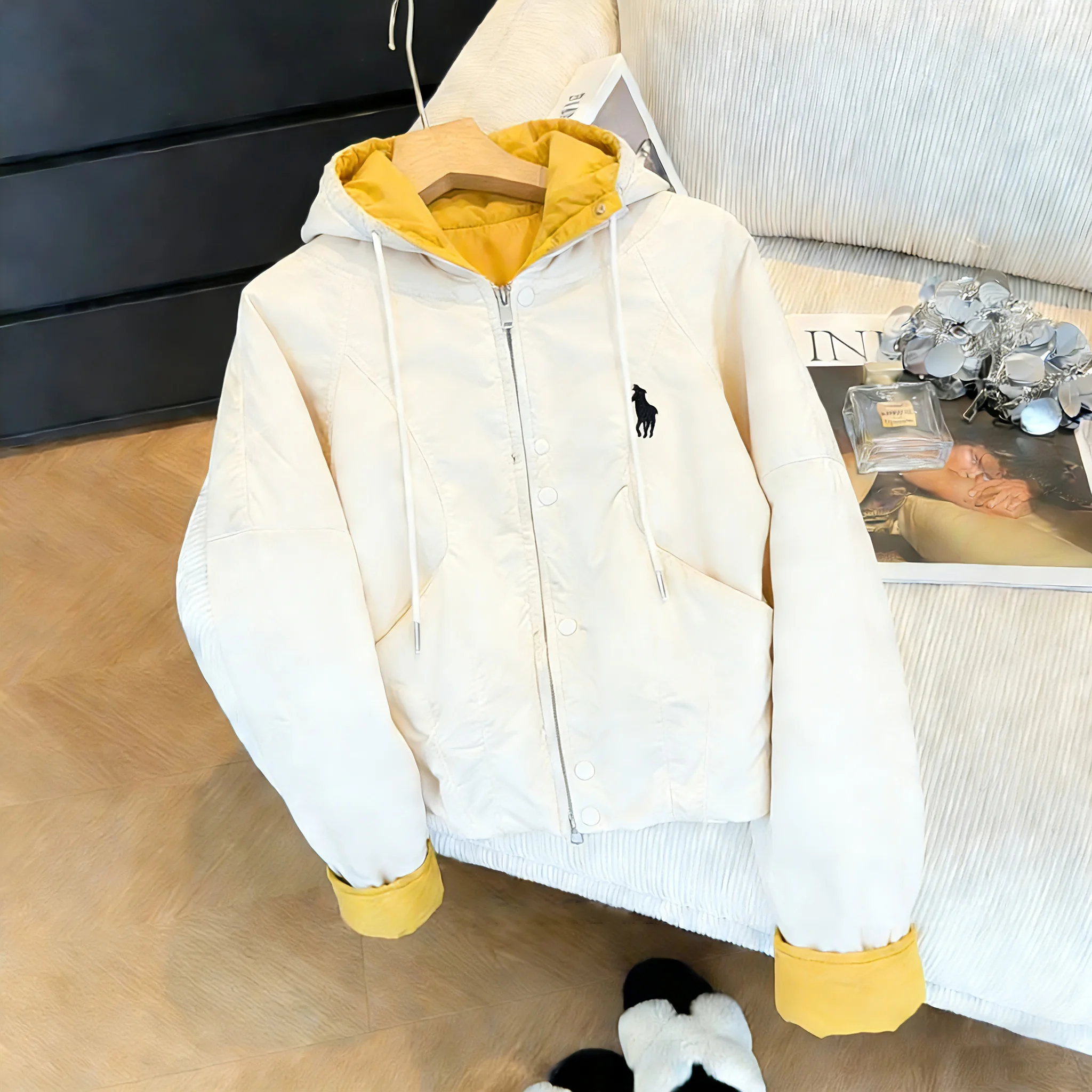 

Модная женская хлопковая куртка с капюшоном в стиле колор-блок, свободного кроя, в корейском стиле, утепленная, верхняя одежда