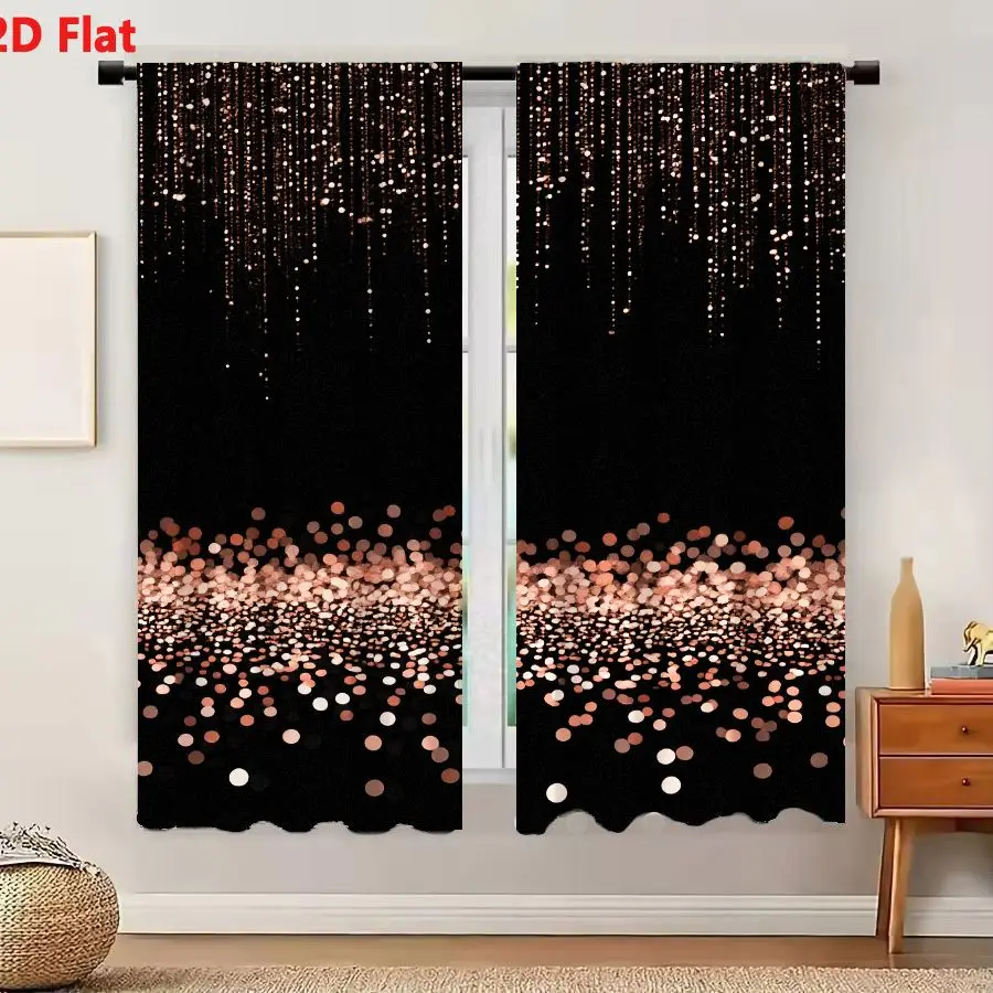 2Pcs Curtains Add 2D Flat Abstract Rose Gold Particles Cascading Downward With Bokeh Lights On Black Background Window Drapes fo