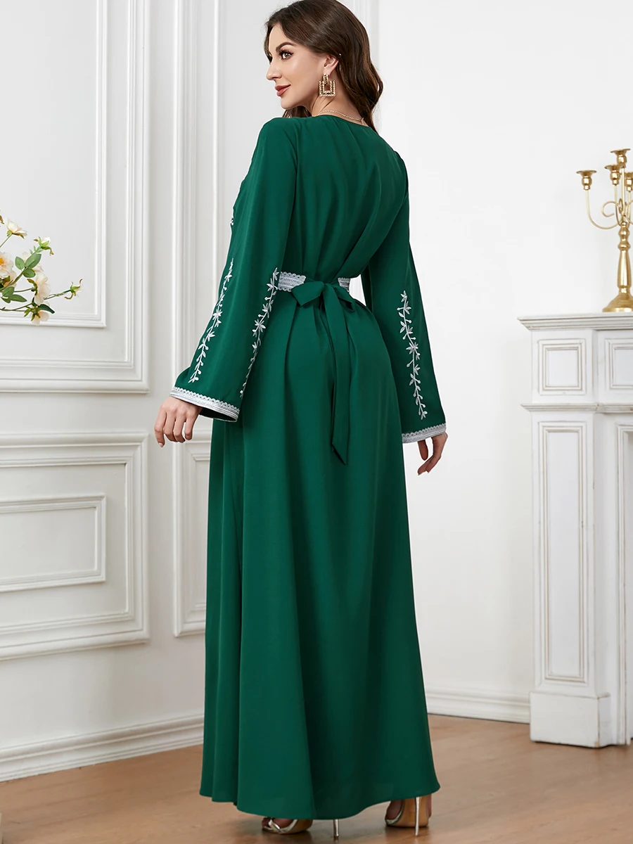 Abayat Emberoidery Maxi Dresses Ladies V-neck Long Sleeve Belted Kaftan Turkish Dresses For Women Jilbab 2022 Autumn New