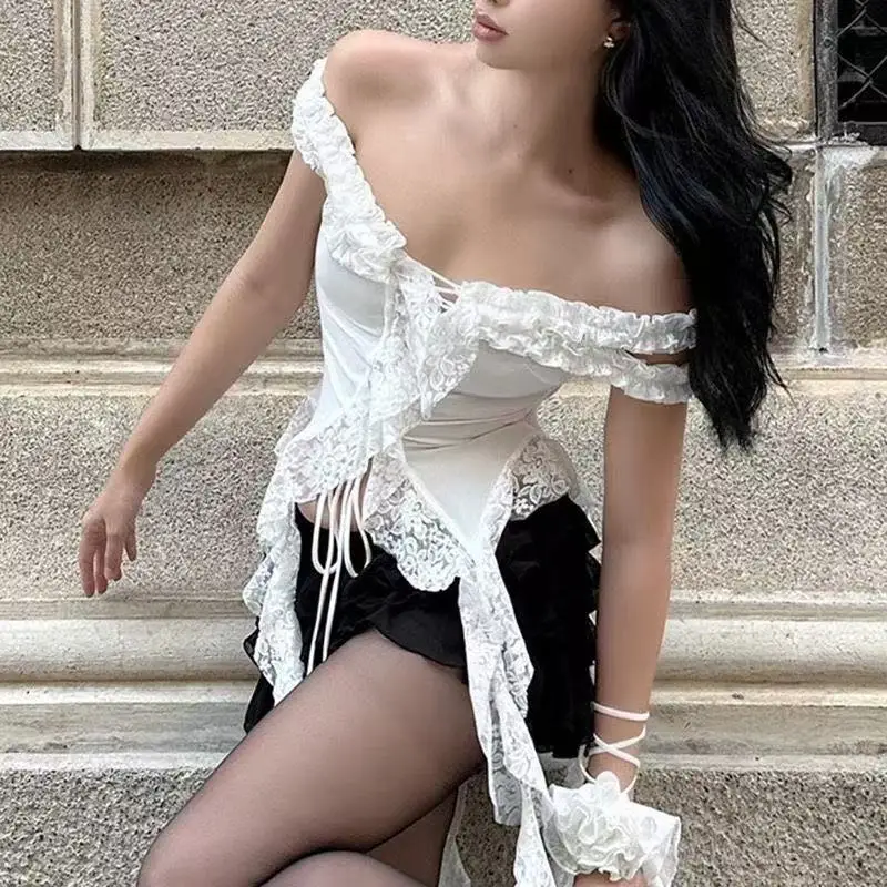 Élégant À Volants Haut Bas Femmes Rétro Blanc Gothique Vintage Mini Robe Hauts Soirée Streetwear Français 2025 Mode Été Nouveau