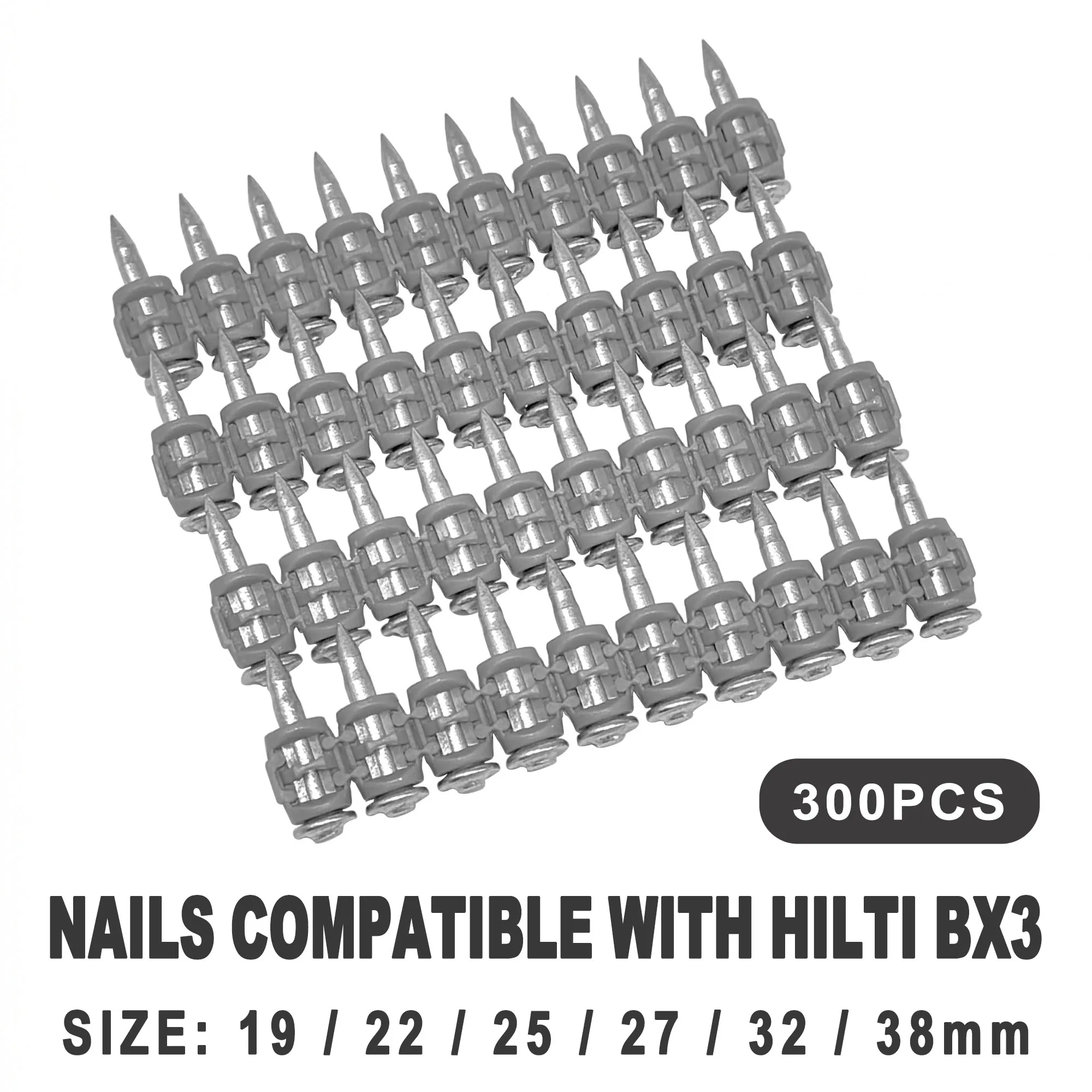 300PCS 3mm Shank Steel Nails Compatible with Hilti BX3, 19mm to 38mm for Heavy Duty Cement, Wood, and Metal Projects