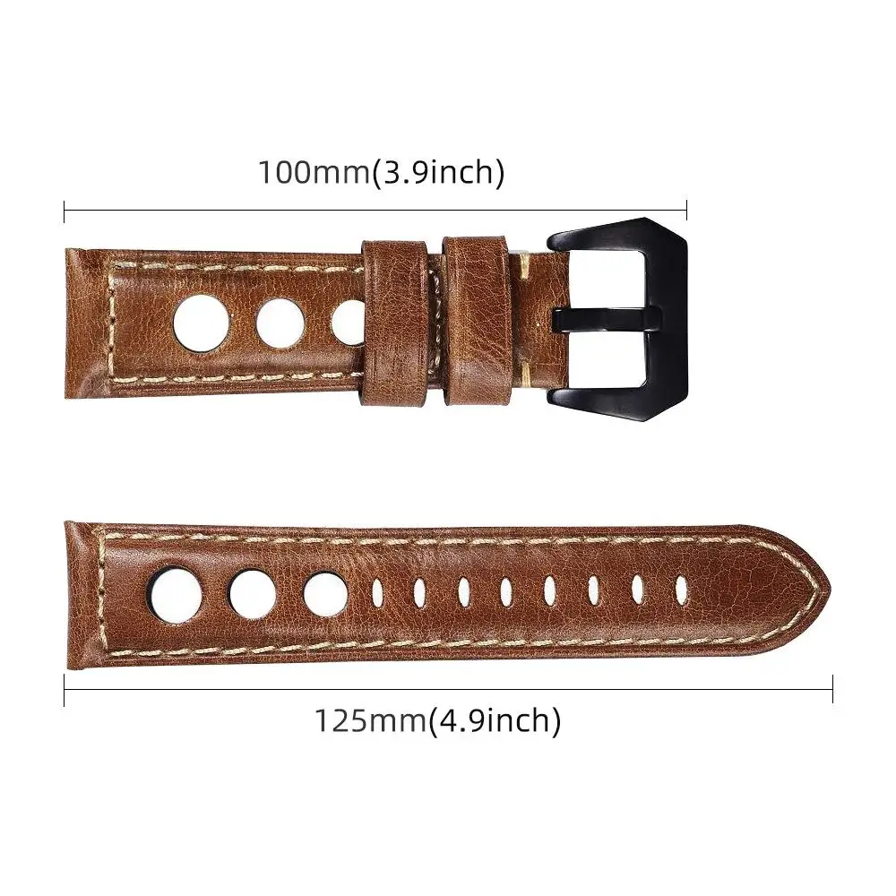 20mm 22mm 24mm Three-hole Breathable Genuine Leather Watch Band for Men Women