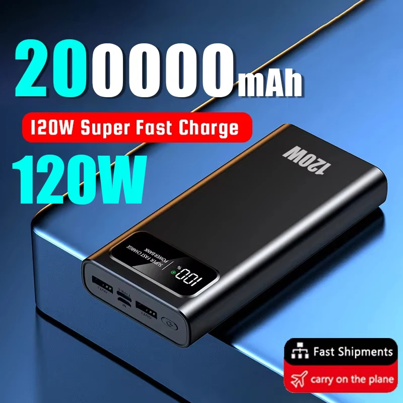 200000mAh 120W Fast Charging Power Bank Ultralarge Capacity Portable Digital Display External Battery For Xiaomi iPhone Samsung