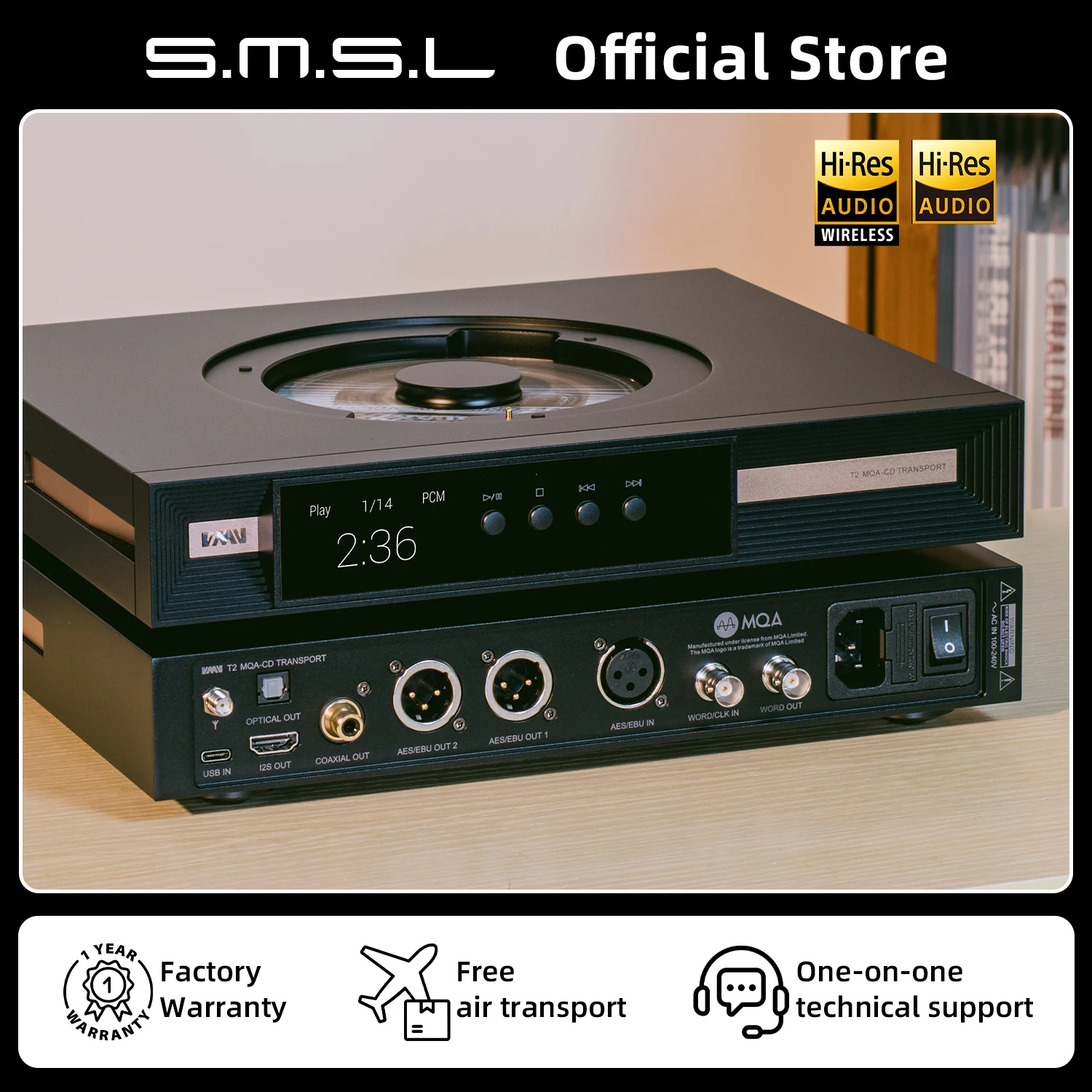 SMSL VMV T2 Hi-res MQA-CD DSD512 32bit 768kHz Bluetooth CD Player AES/EBU High-Definition Digital Media With Remote Control