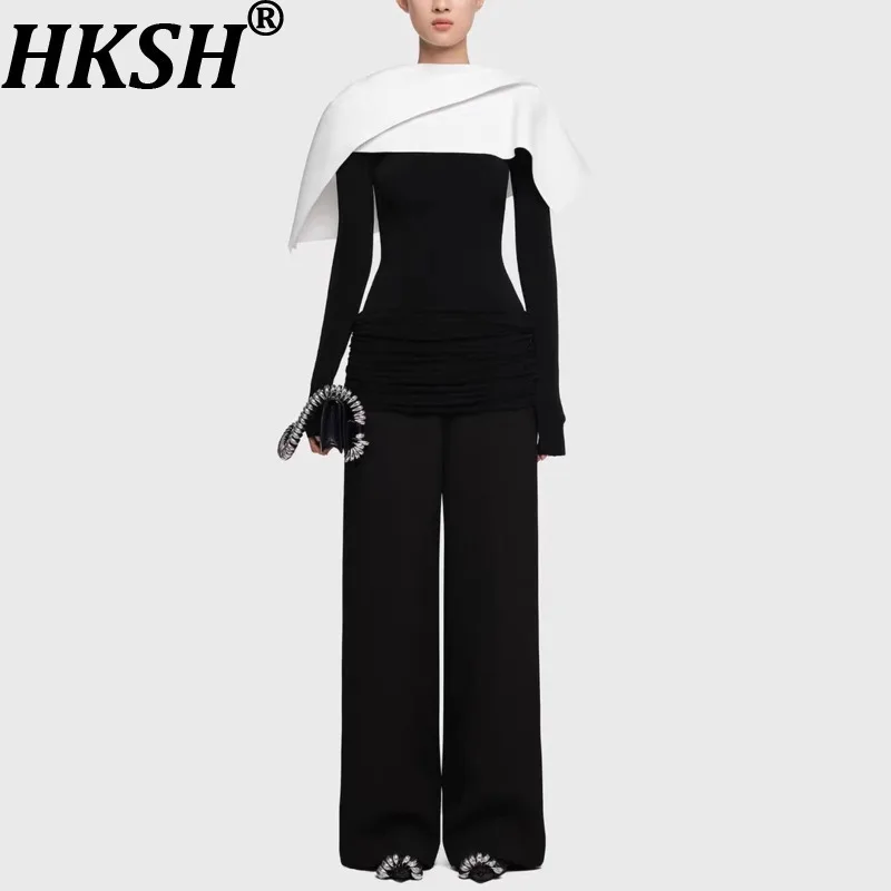 

HKSH Autumn New Women Top Contrast Color Patchwork Shawl Asymmetric Design Ruched Elegant Chic Tee Casual Wide Leg Pants HK12075