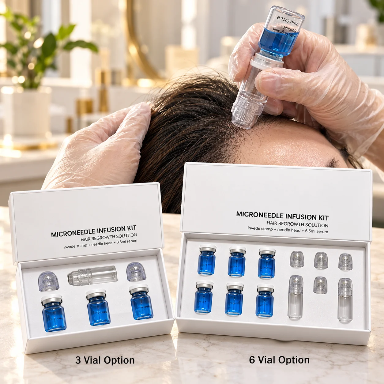 Scalp Microneedling Serum Set With Blue Copper Peptide Liquid And Stamp Applicator Packed With Separate Heads In A Fitted Box