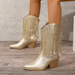 Gold Women's Boots Knee High Tassel Boots for Women Designer Cowgirl Modern Boots Pointed Toe Chunky Heel Mid Calf Western Boot