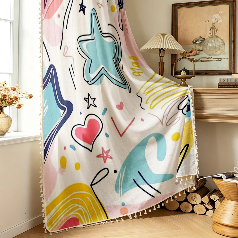 1PC Cartoon Tassel Sheer Curtains, Colorful Doodle Star Heart, Digital Print, Polyester, Bedroom Living Room Home Decor