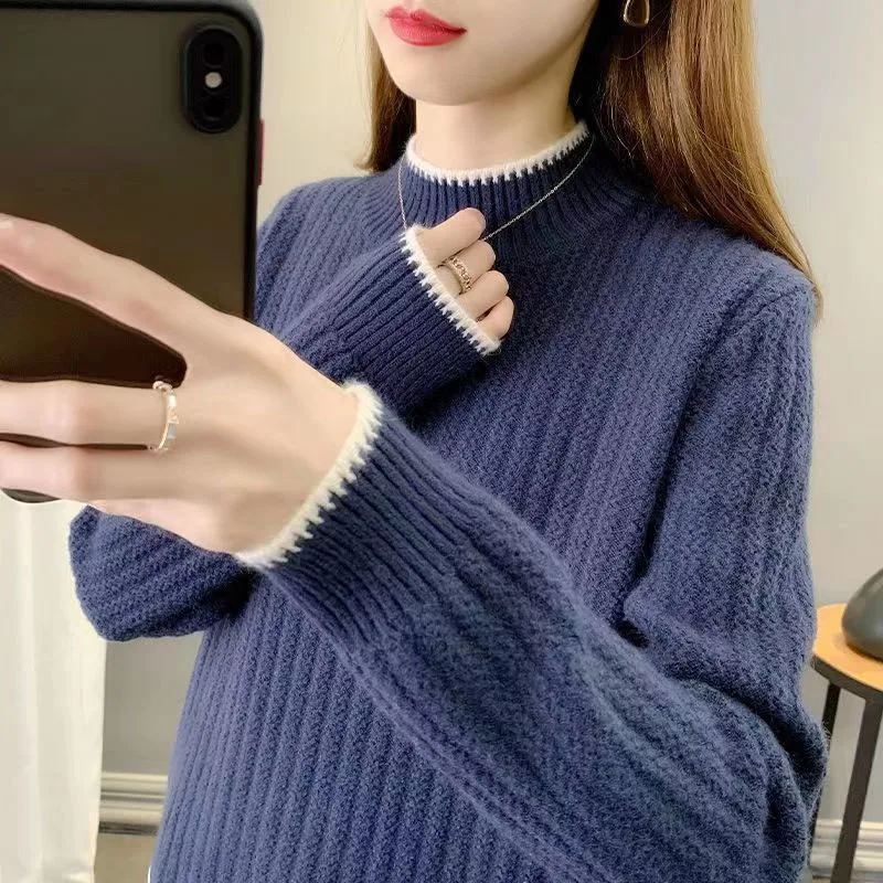 New Autumn and Winter Fashion Lazy Style Colored Half High Neck Loose Versatile Western Women\'s Long Sleeve Knitted Sweater