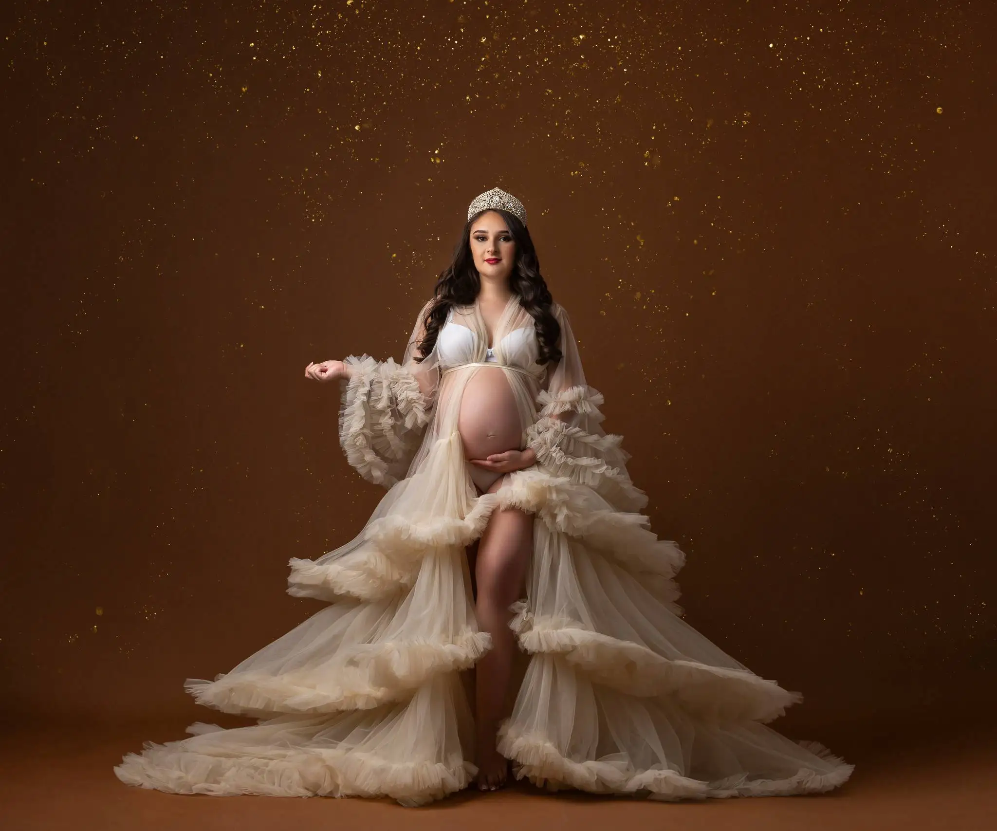 

Champagne Maternity Dresses A Line Tiered Prom Party Gown Illusion Ruffled Pregnancy Babyshower Gown Customized Photoshoot Wear