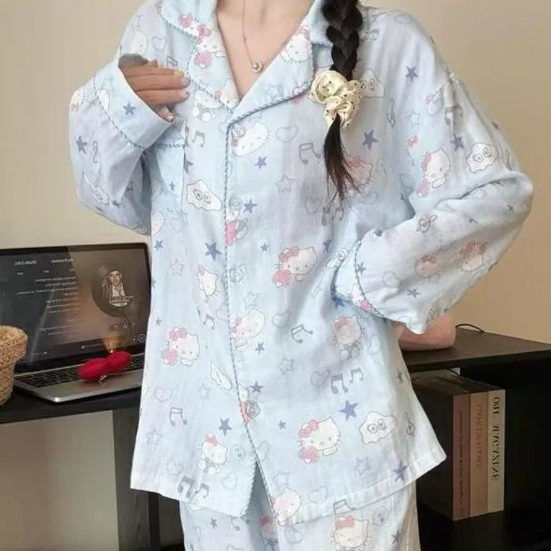 

Пижамный комплект Sanrio Hello Kitty с длинными рукавами, хлопковая домашняя одежда для женщин и девочек, милая синяя модная одежда для дома, весенне-осенняя одежда для сна