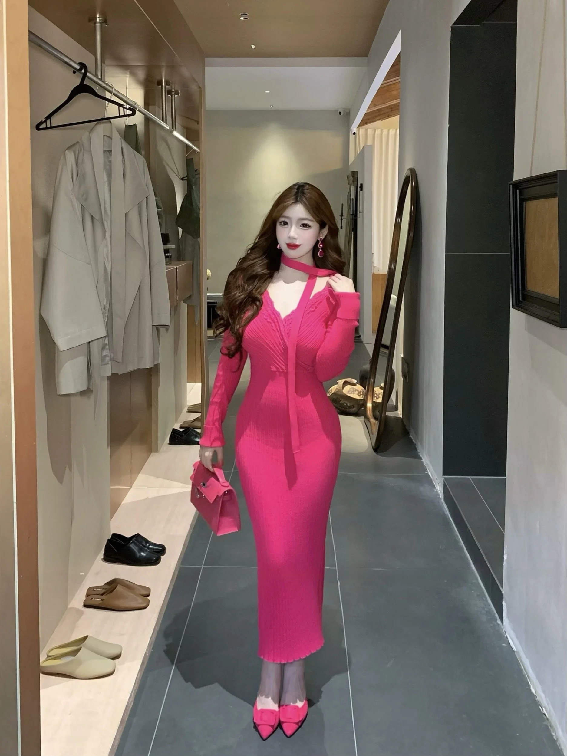 

Осень-зима Thi Knitted Wrap Dr V-ne Long Sve Slim Fit Casual Sle Pure Desire Cotton Blend Dr для женщин