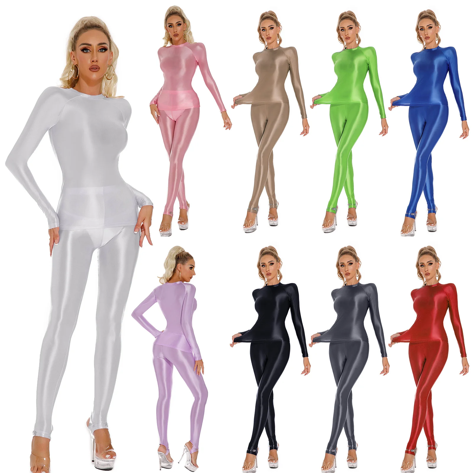 Womens Glossy Yoga Sportswear Gymnastics Outfits 2 Pcs Round Neck Long Sleeve T-shirt with High Waist Leggings Tights Slim Fits