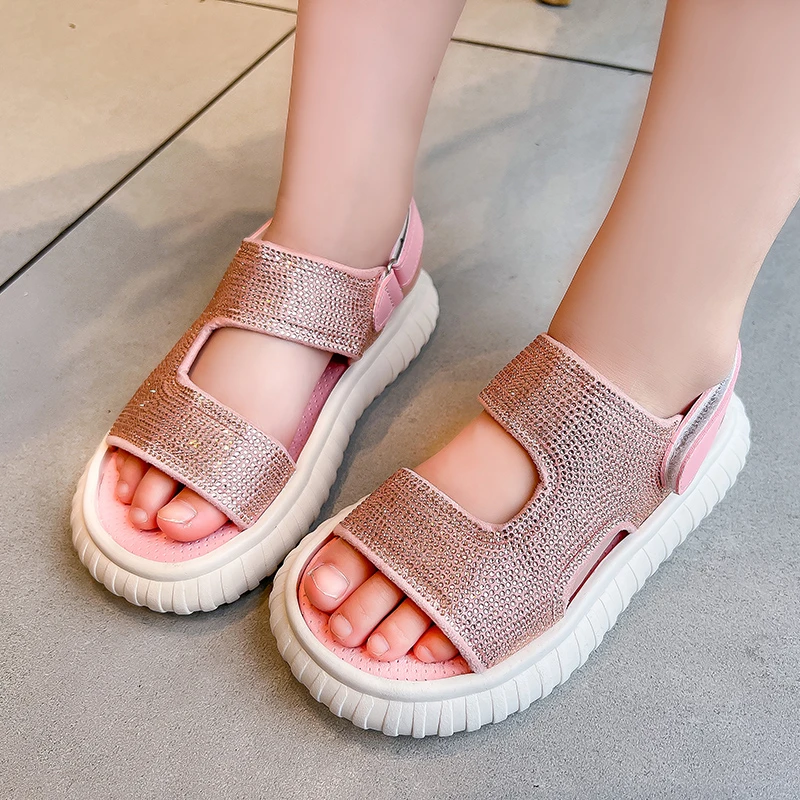 

Children Fashion Sandals for Girls Open-toe Solid Color Shine Versatile Hook & Loop Kids Shoes 2023 Summer New Soft Breatheable