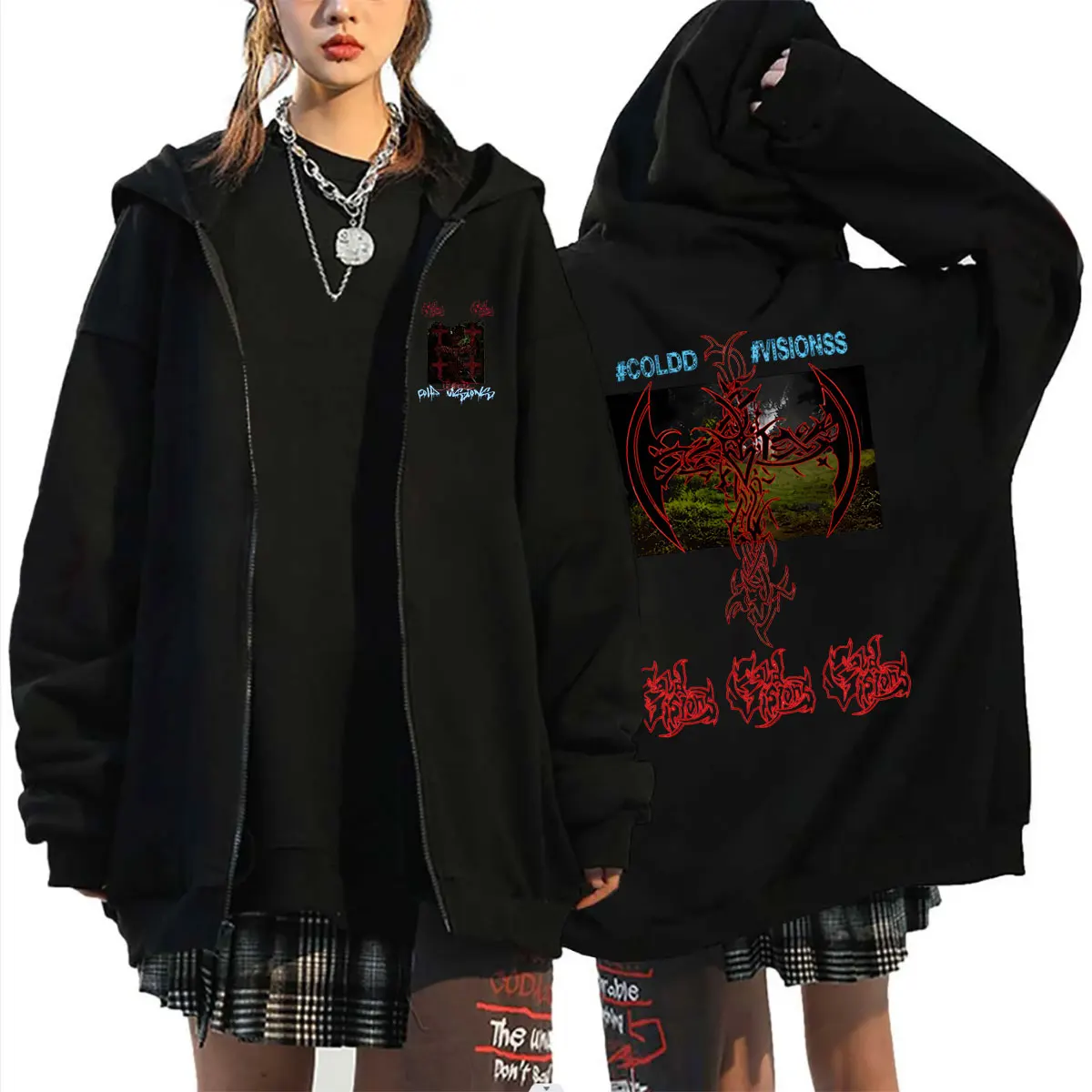 Rapper Drain Gang Bladee Cold Visions Album Graphic Zipper Hoodie Ecco2K Yung Lean Print Hoodies Men Women Fashion Zip Up Jacket