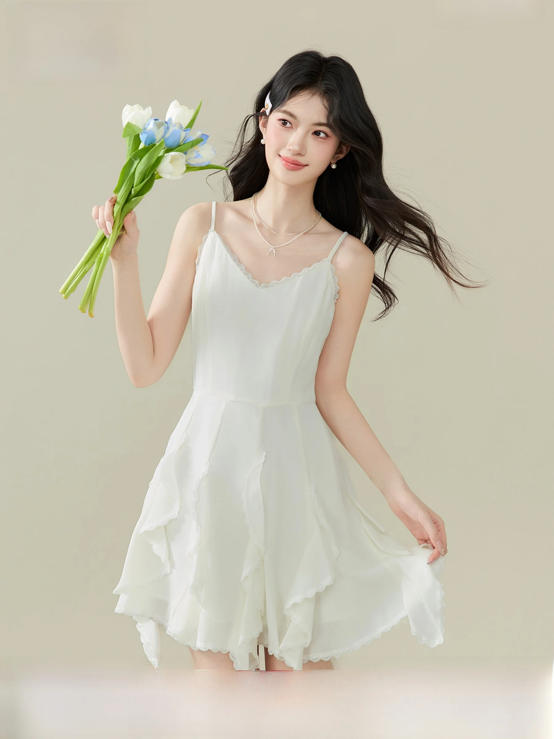 

Lingjiu Sweet Dream Summer 2026 New Style Strap Dress Women's Beautiful White Dress Polyester Fiber A-Line Skirt Thin Long Sl...