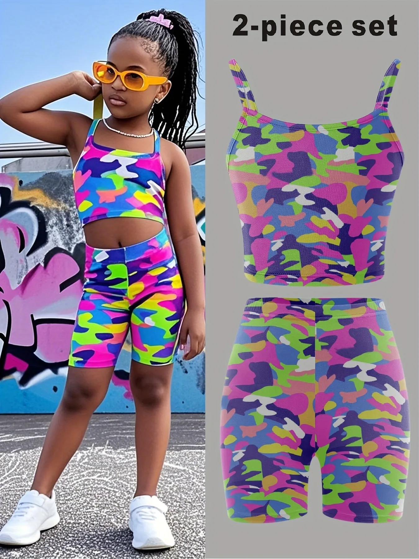 Kids Girls 2-Piece Neon Camo Print Cami Crop Top & Biker Shorts Set Y2K Streetwear Summer Outfit