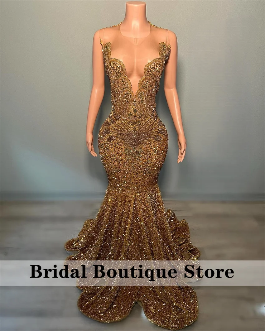 

Glitter Gold Diamonds Long Prom Dress For Black Girls Beads Crystals Sequins Gown Birthday Party Wedding Reception Customized