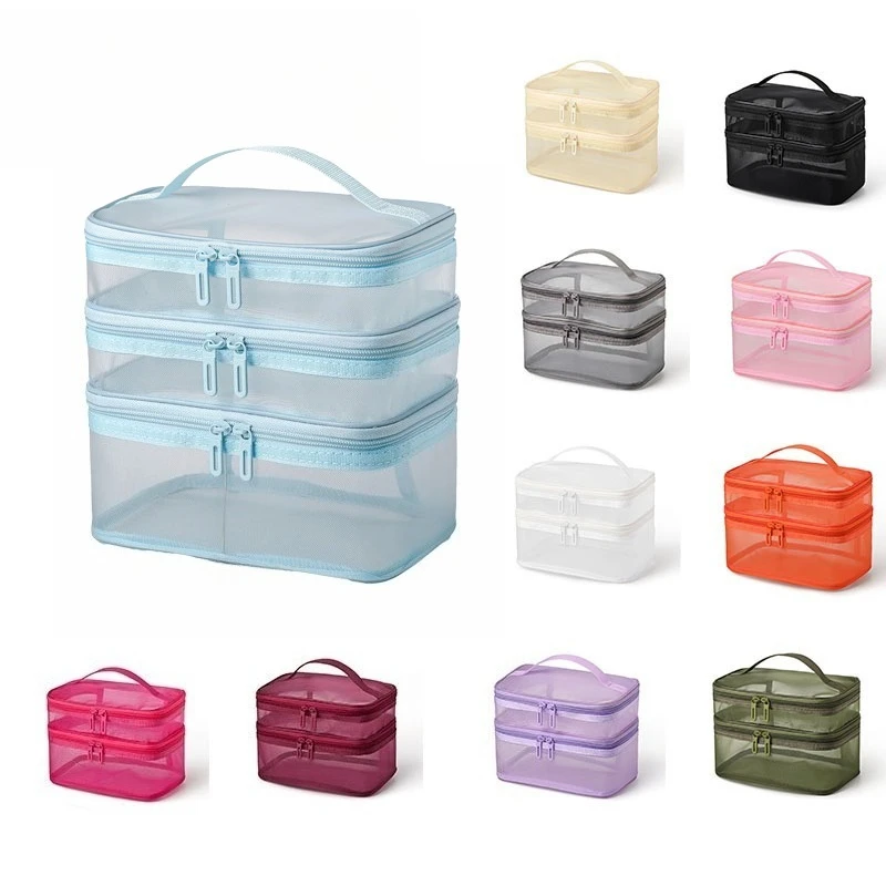 Three Layers Mesh Makeup Bag, Wash Bag, Women's Portable New Large Capacity Storage Bag, Cosmetics Storage Bag