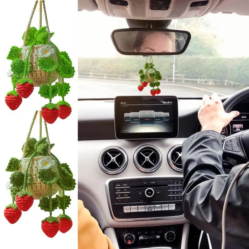 Cute Potted Plants Crochet Car Basket Handmade Strawberry Hanging Plant Decor Automobile Rear View Ornament