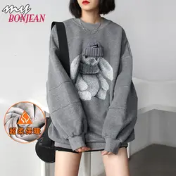 2021 Women Plus Size Fleece Cartoon Pullover Thick Korean Loose Embroidery Women Streetwear Women Kawaii Clothes Sweatshirt