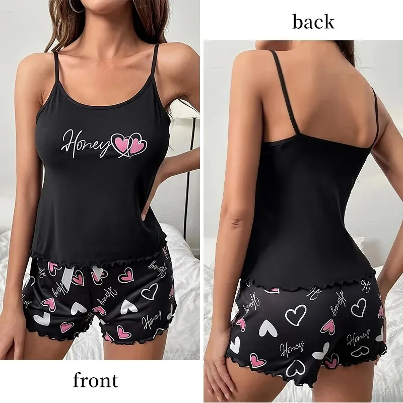 Women\'s Sleepwear Pyjama Set Black Comfortable Casual Print Short Sleeveless Pajamas Set Homewear