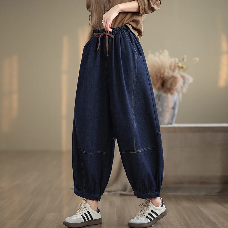 Casual jeans met wijde pijpen Dames denim lantaarnbroek Herfst splitsen Losse afslankende casual broek Veelzijdige negendelige broek