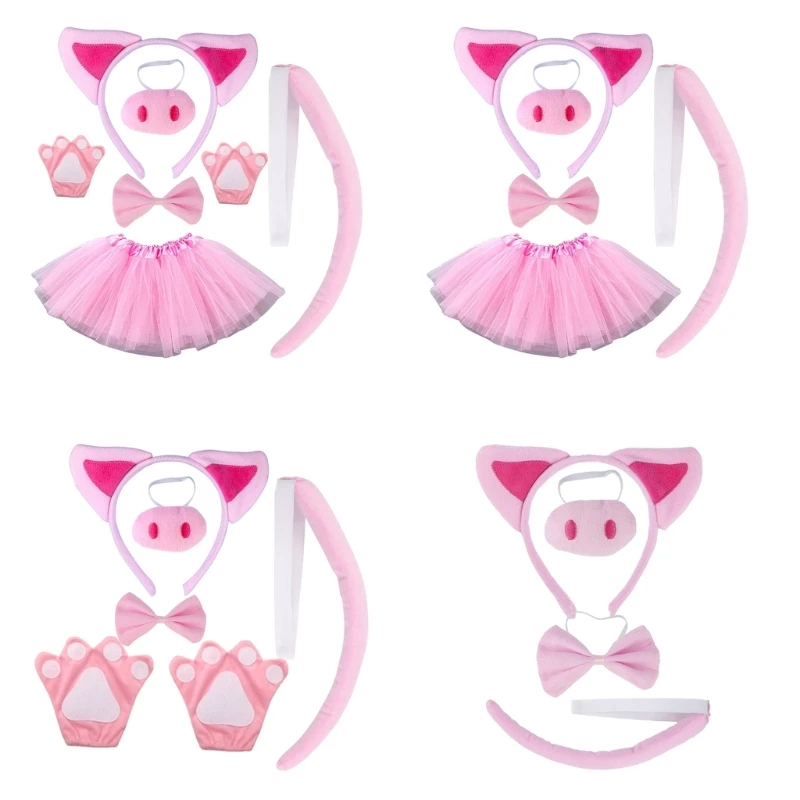 Pig Ears Headband Nose Tutus Tail Bowtie Set,Fancy Animal Cosplay Pink Pig Costume Halloween Dress Up Party Decoration