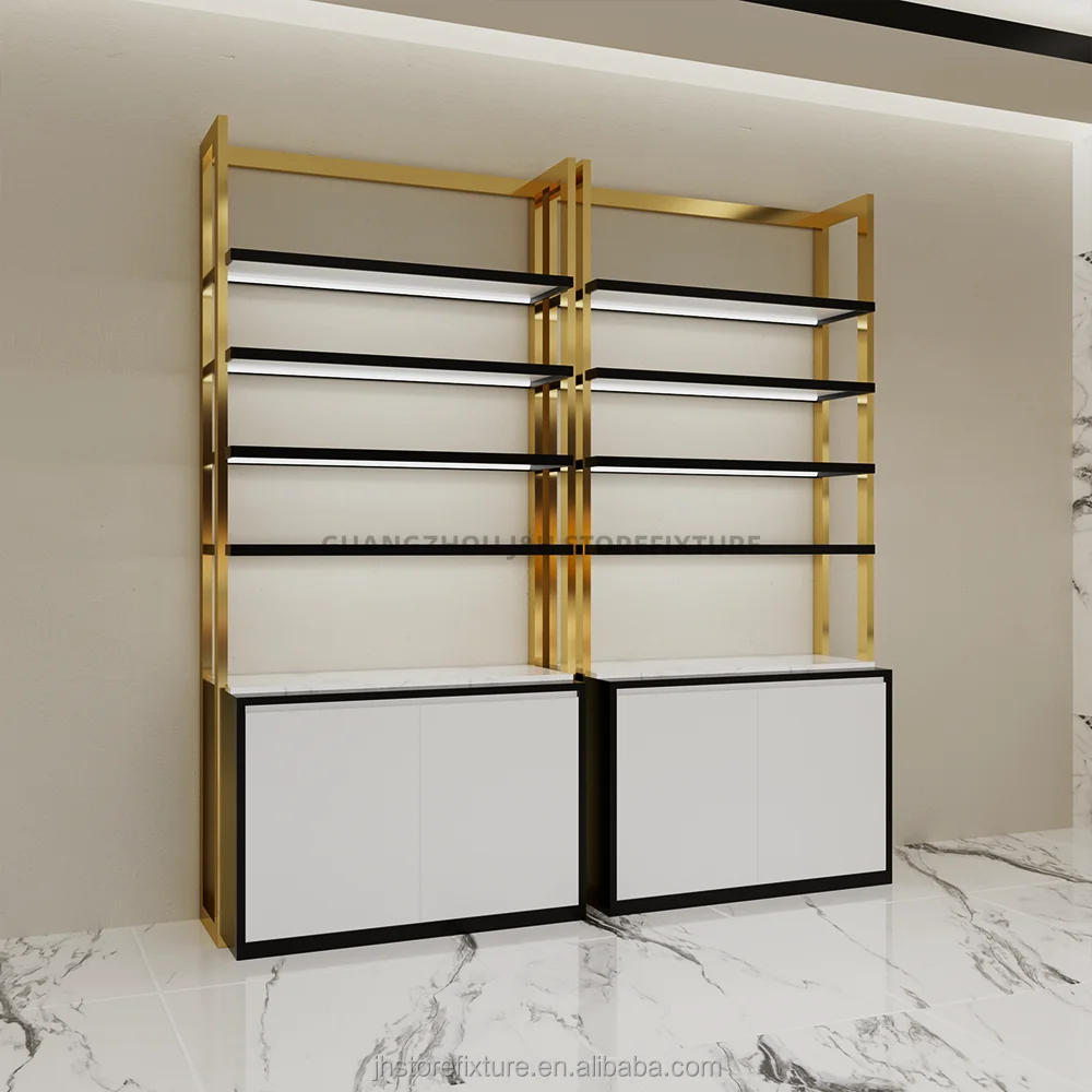 ชั้นวางสินค้าสำหรับร้านค้าปลีกแบบติดผนังสำหรับเครื่องสำอางและผลิตภัณฑ์ความงาม ทำจากสแตนเลสแบบตั้งพื้น