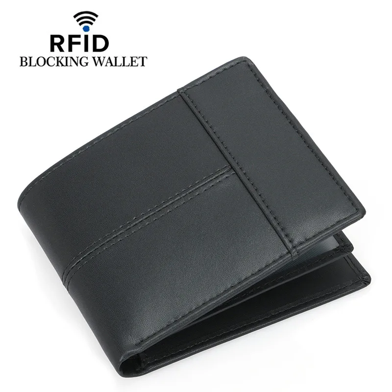 Short Genuine Leather Men's Wallet RFID Anti-magnetic Multi-card Slot Stitching Two-fold Wallet