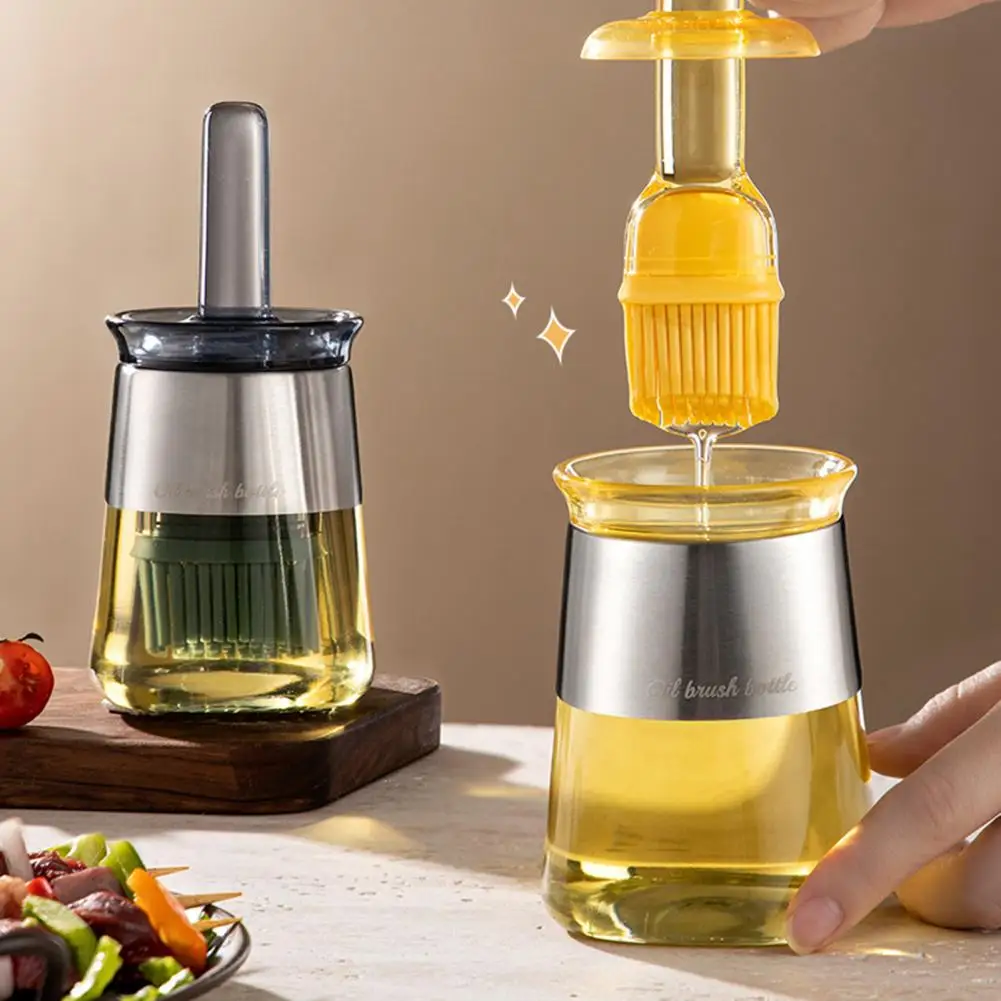 Bouteille distributeur d'huile en verre avec brosse en silicone, design grattoir à huile, récipient de cuisine avec chaleur, cuisson, barbecue, rester en bonne santé