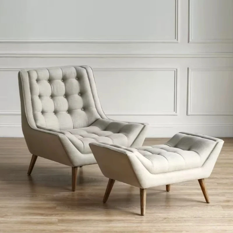 Modern linen fabric single sofa chair solid wood backrest home office bedroom leisure recliner living room