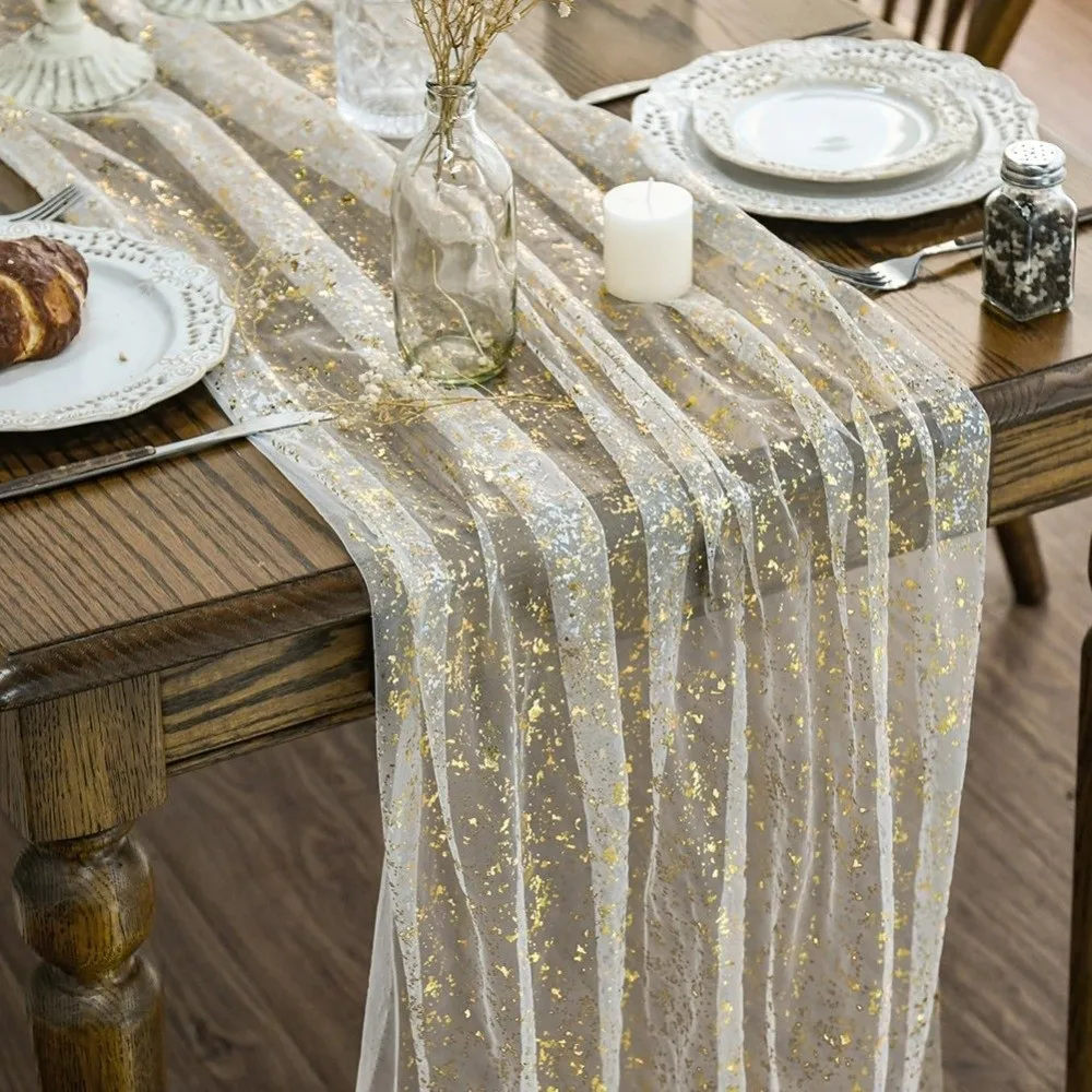 

Golden Sequin Glitter Hot Stamping Table Flag European Style Luxury Mesh Birthday Table Runner Soft Elegant Glitter Table Runner