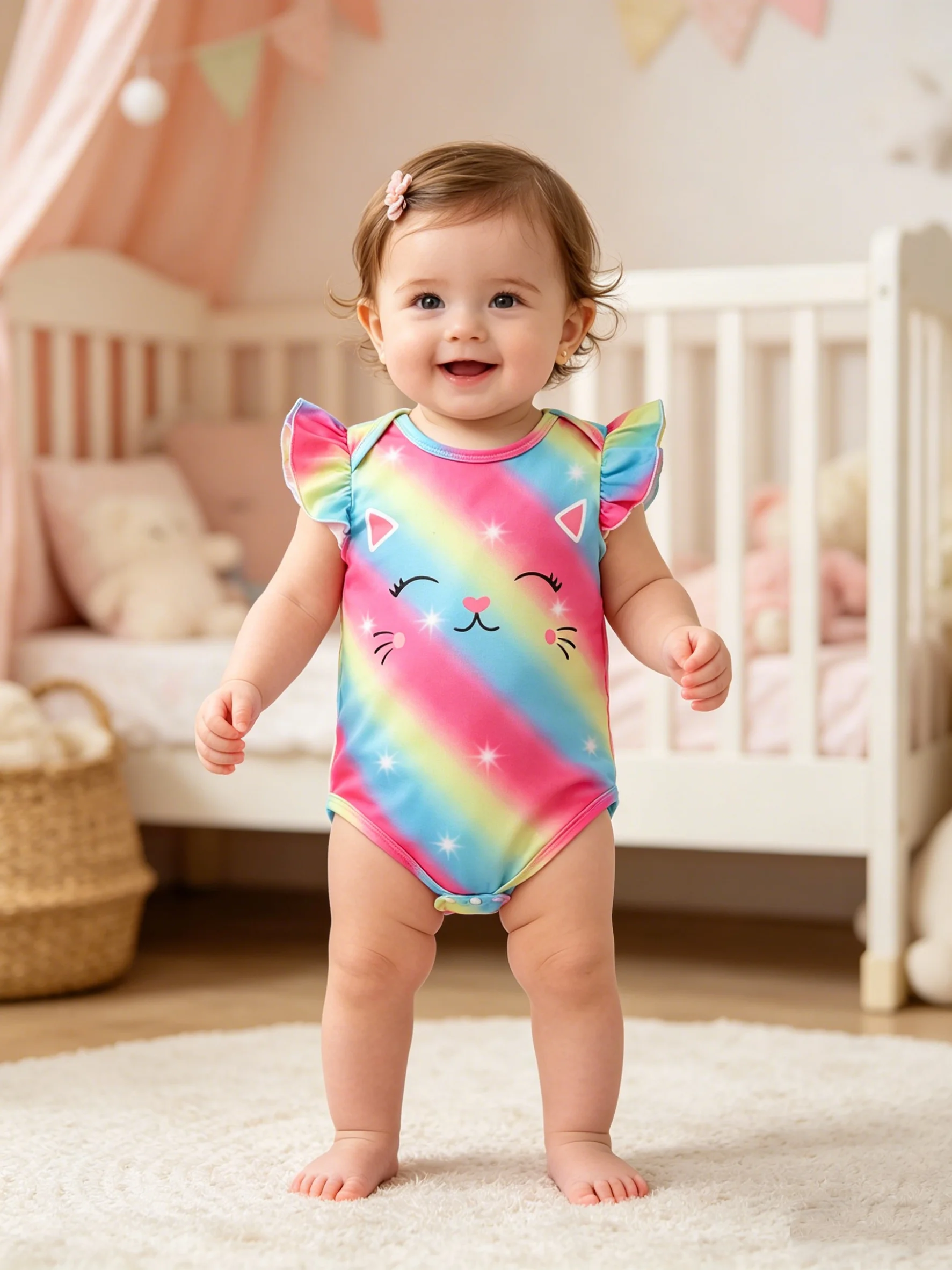 Summer Romper for Baby Girls Rainbow Cat Print Flying Sleeve Onesie Breathable Baby Wrap for Infants And Toddlers