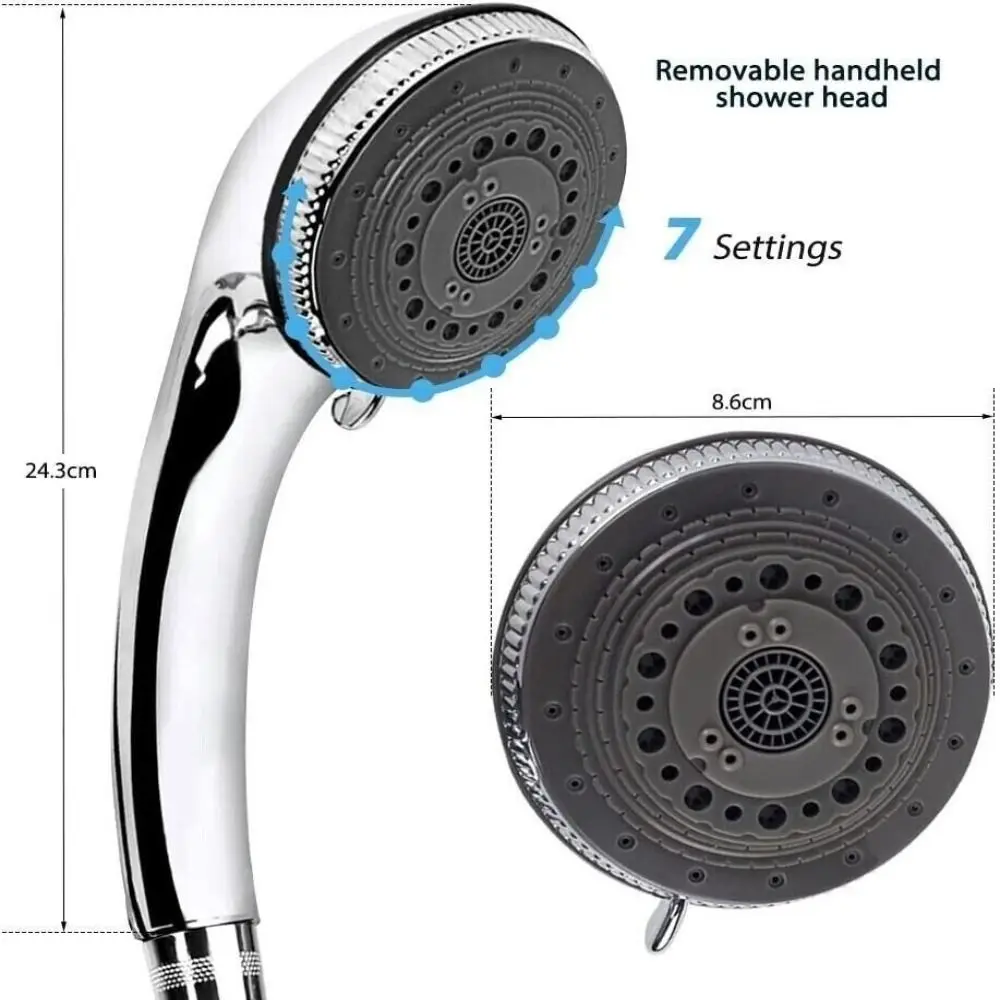 Cabeça de chuveiro ajustável em aço inoxidável, dispositivo elétrico multifunções do banheiro, fácil de usar, acessórios domésticos, 7 modos