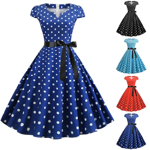Imagen 2 del producto Vestidos Retro para mujer Audrey Hepburn años 50 y 60, Rockabilly, estampado de lunares, vestido de baile Pinup con lazo, vestido de fiesta, Vestidos
