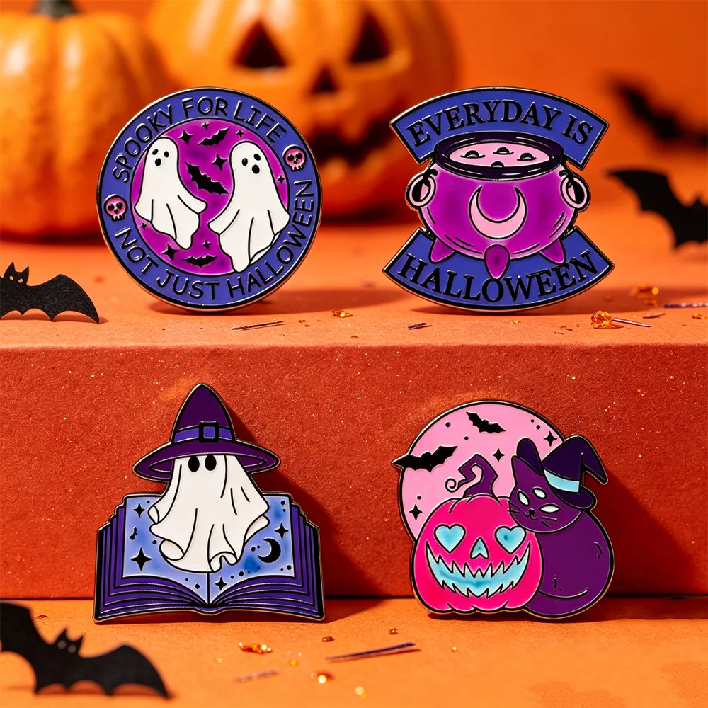 Halloween Enamel Pins Ghost Witch Cat Pumpkin Cauldron Cartoon Lapel Badge Brooch Backpack Clothing Decor Spooky Holiday Gift