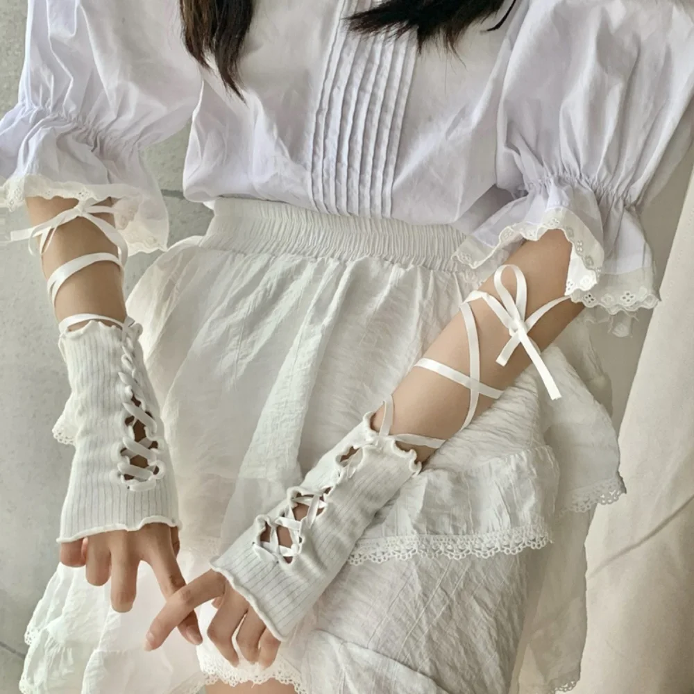 New Y2k Girl Strap Gloves Ballet Style White Lace Sleeves Dance Party Fingerless Mittens Y2k Short Fingerless Knitted Mittens