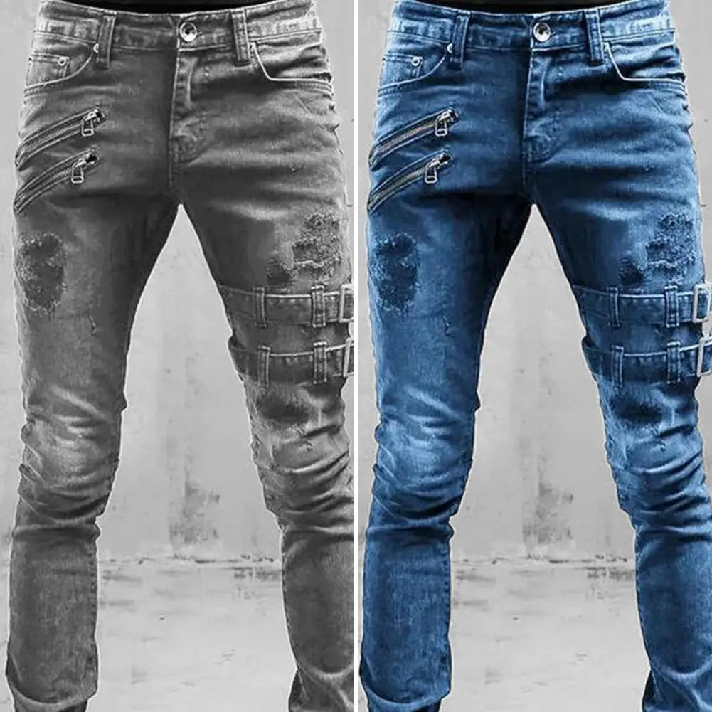 

Men Slim Biker Ripped Long Denim Trousers Skinny Jeans Pocket Side Straps and Zips Male Jogging Pants Destroyed Stretchy Pants