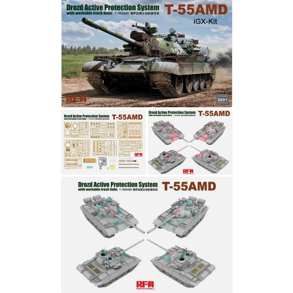 Rye Field 5091 1:35 Scale T55 T-55 T55AMD T-55AMD Drozd Active Protection System Vehicle Plastic Assembly Model Building Kit