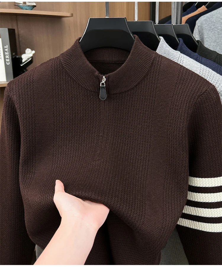 Hochwertige Reißverschluss Kragen Pullover Männer Neue Trend Persönlichkeit Streifen Zipper Herbst Winter Komfort Warm Stricken Sweater – Detail 9