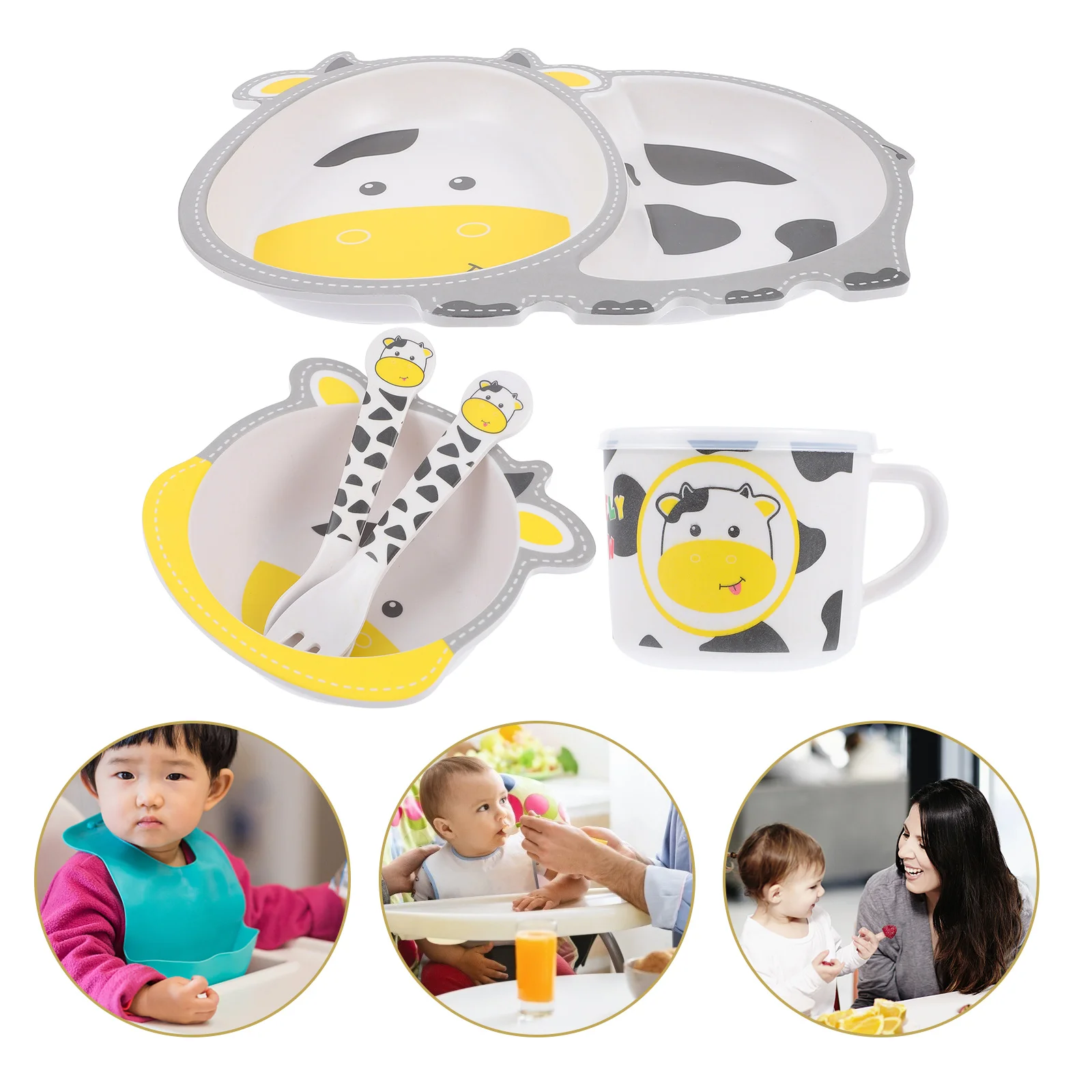 

5Pcs Kids Dining Tableware Bamboo Fiber Children's Plate Bowl Cup Silverware