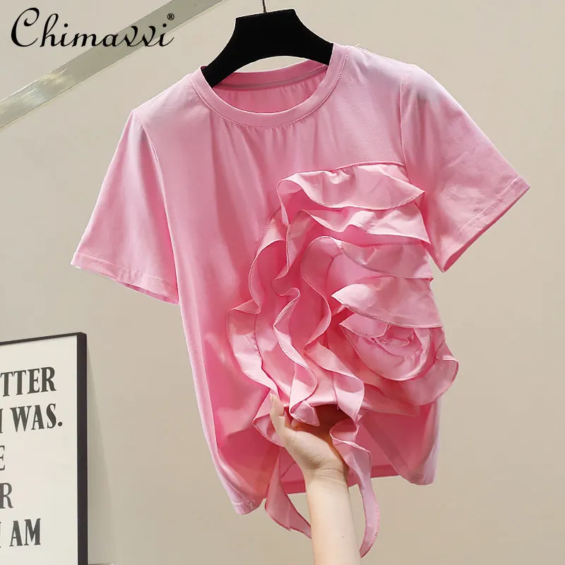 

Fashion Korean-style Ruffled Short-sleeve T-shirt New 2026 Summer Clothes New Women's Round-neck Slim-fit Elegant Pink Top