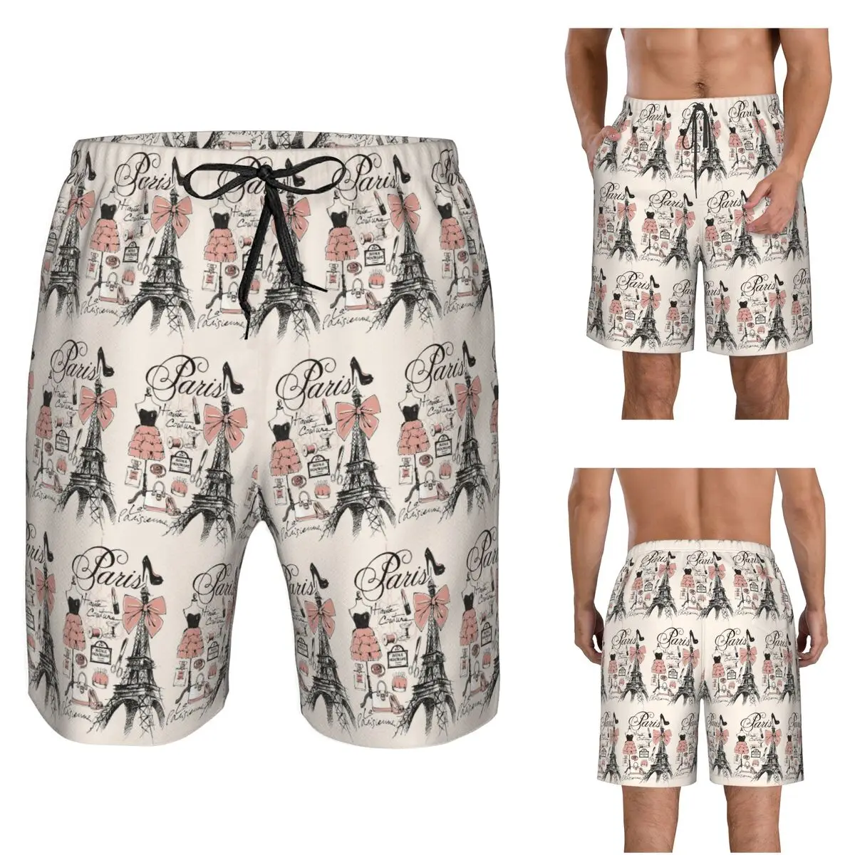 French Paris France Eiffel Tower Trunks Beach Board Shorts Casual Quick Dry Swim Summer Men Pants