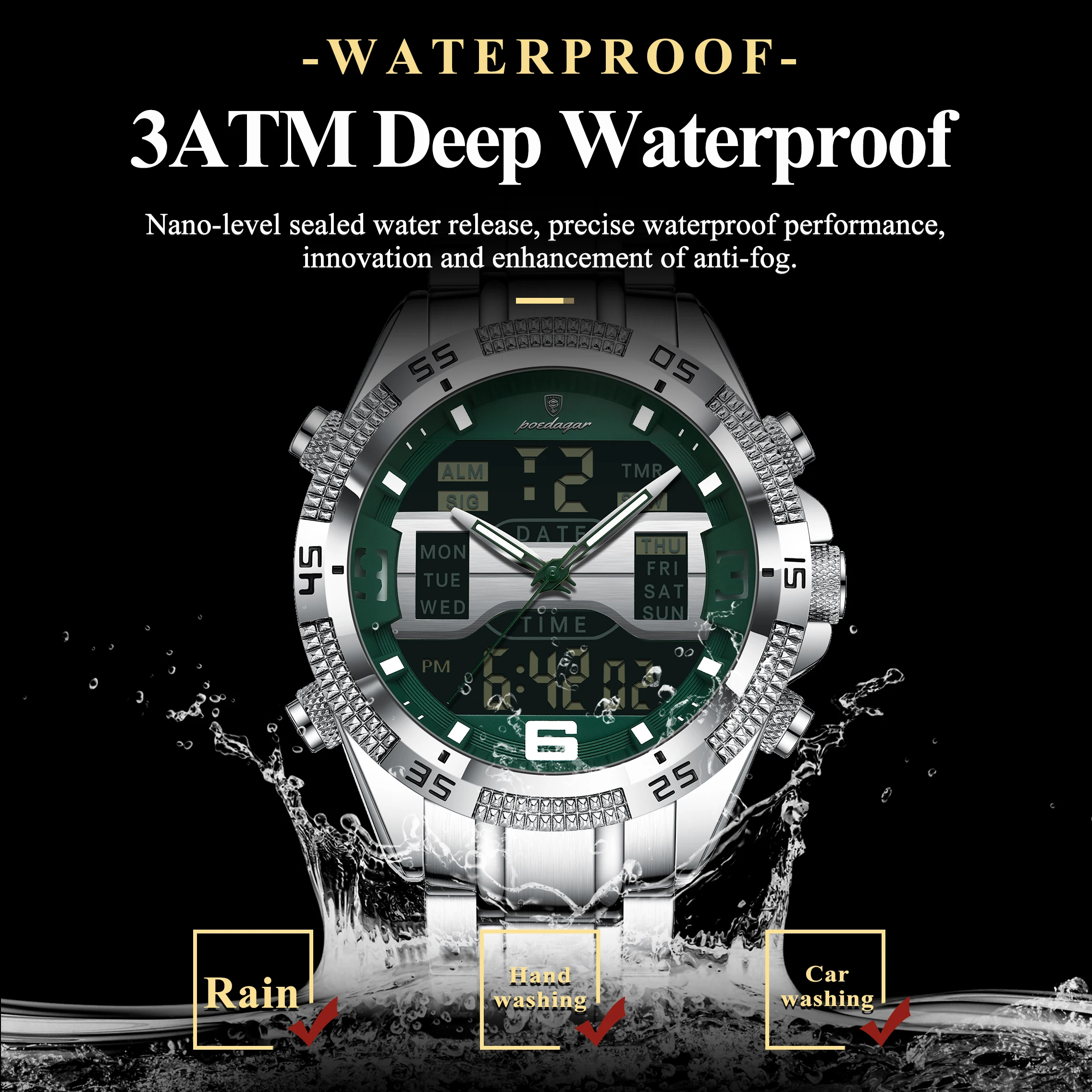 POEDAGAR светодиодные роскошные мужские часы спортивные двойной дисплей времени цифровые светящиеся мужские наручные часы с датой недели электронные кварцевые мужские часы